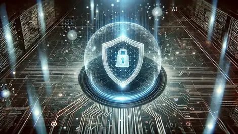 Dall e 2024 09 24 11.46.07   a dynamic and futuristic cybersecurity scene. the central focus is on an abstract digital shield representing endpoint protection  glowing with a soft