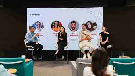 L to r regional director of youtube apac ajay vidyasagar head of marketing at shopee singapore geraldine ho vp consumer products of zenyum niclas hildebrand youtube creator mongabong at the la