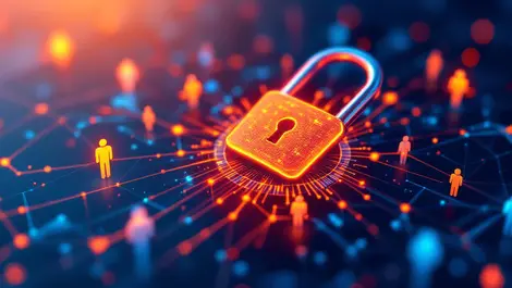 Digital padlock network connected lines abstract human silhouettes secure id