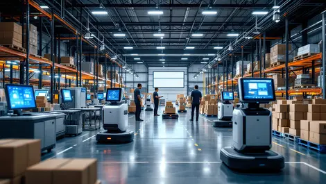 Modern high tech warehouse autonomous robots pallets workers automation us