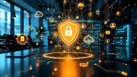 Modern office network glowing digital shield devices servers cloud icons cybersecurity