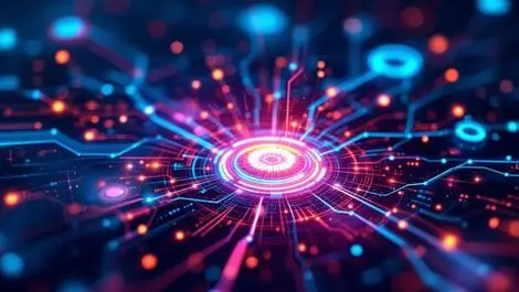 Abstract digital illustration interconnected nodes data streams cyber threat intelligence integration modern tones vivid colors