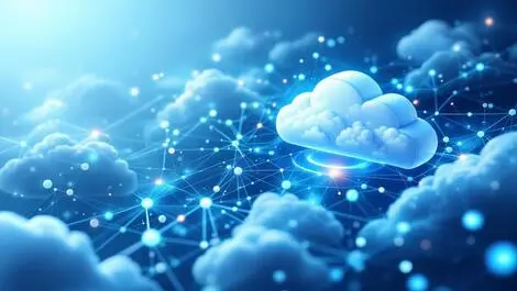 Abstract interconnected data nodes cloud elements ai integration blue white tech