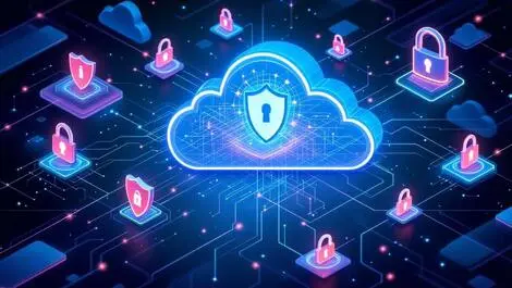 Illustration secure digital cloud ai shields locks cybersecurity enterprise data
