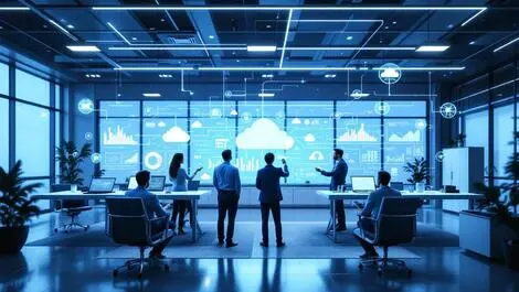 Modern office professionals analyzing digital cloud ai dashboards hybrid it data streams