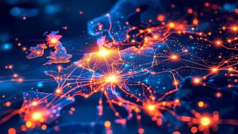 Highspeed fiber optic network western europe map maritime amsterdam glowing dataflow