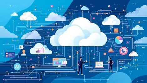Abstract illustration interconnected cloud servers data streams ai tools big data management human silhouettes
