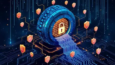 Digital vault with layered shields and streams of binary code symbolizing secure encryption