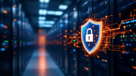 Realistic illustration server room with server racks digital shield icon symbolizing security