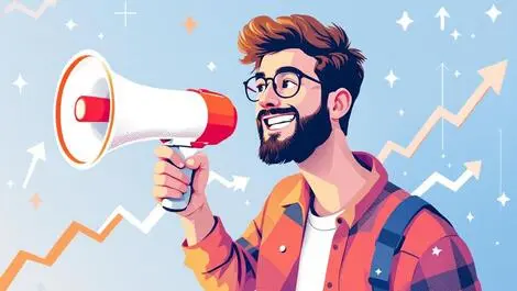 Uk entrepreneur holding megaphone upward arrows growing chart marketing growth