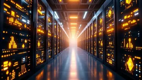 Realistic illustration powerful supercomputer system rows server racks data center