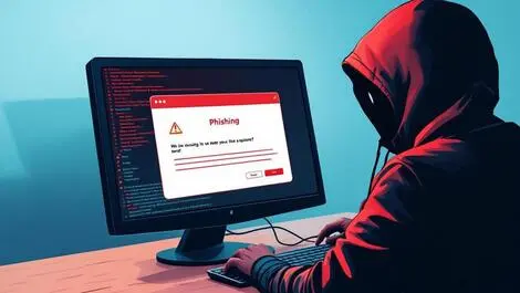 Computer screen phishing message popup shadowy hooded figure cyber threats