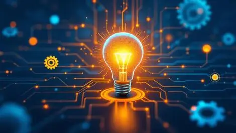 Glowing lightbulb circuit lines digital gears ai innovation enterprise software