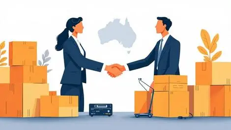 Businesspeople shaking hands over boxes electronic devices australia