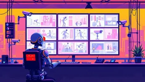 Robotic figure monitoring security cameras video screens asian cityscape