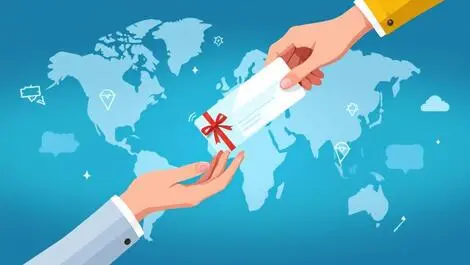 Two hands exchanging digital gift card global expansion world map