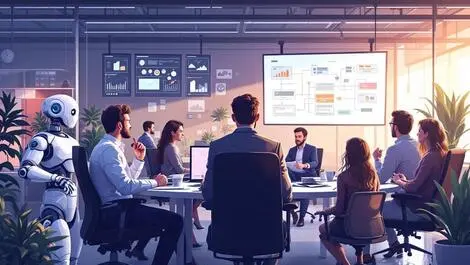 Modern australian office business professionals collaborating with humanoid robots and diagrams for process automation