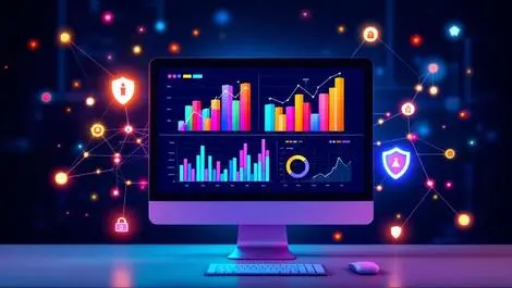 Realistic computer monitor data analysis colorful bar graphs line charts network security