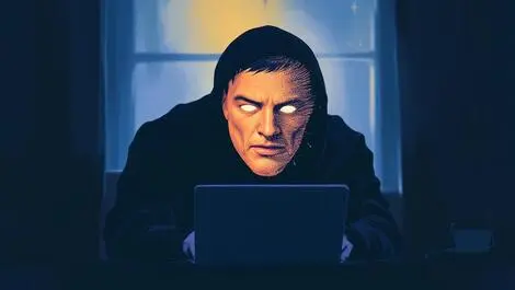 Realistic human face morphing into digital mask shadowy figure laptop