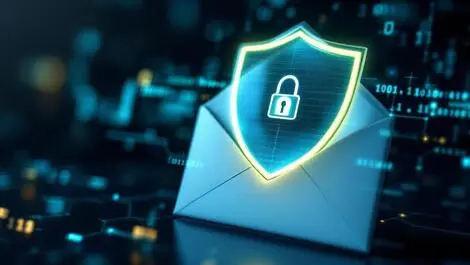 Secure digital shield overlaying email envelope with binary background protection