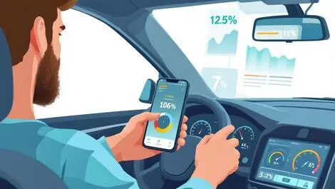 Realistic illustration caucasian driver smartphone car dashboard risk indicators