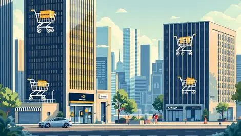 Illustration australian storefronts shadowed by giant ecommerce buildings cityscape