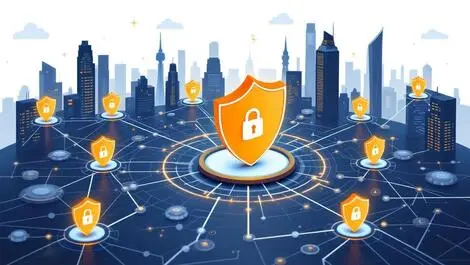 Secure digital network shield icons smart cityscape cloud data protection
