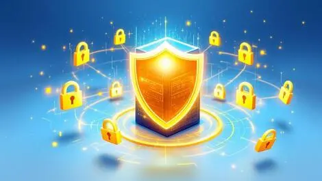 Detailed illustration data server golden shield digital locks security