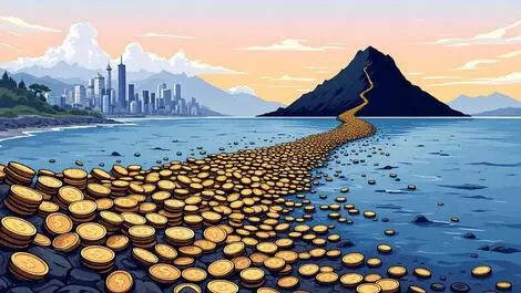 New zealand coins flowing from cityscape to offshore island money shift