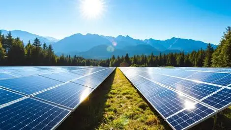 Large solar panel field mountains forest british columbia sunny sky