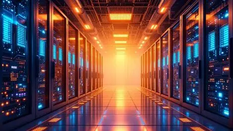 Modern network server room with complex cabling advanced technology lit efficient