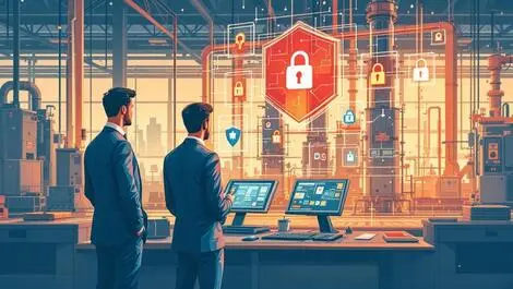 Canadian executives discussing high tech factory cybersecurity shield locks modern industrial setting