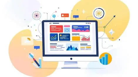 Modern illustration computer screen website colorful graphs ai neural network search optimization