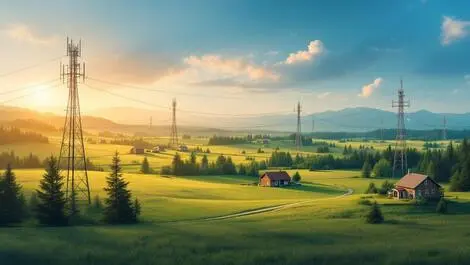 Realistic illustration rural british columbia landscape houses telecom towers internet access