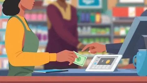 Person handing cash over retail counter cashier using tablet digital coin icon convenience store