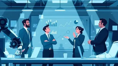 Business executives uk office ai technology robotic arm digital charts uncertainty