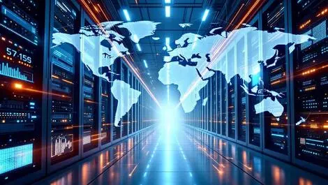 Photorealistic modern data center rows of servers global connectivity