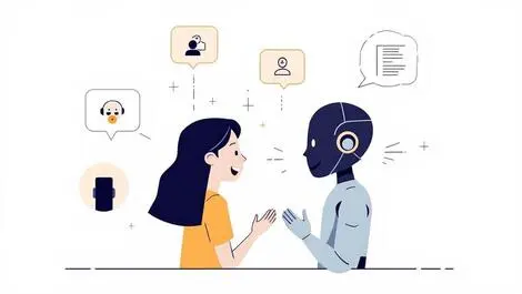 Human interacting with friendly robot assistant ai communication icons