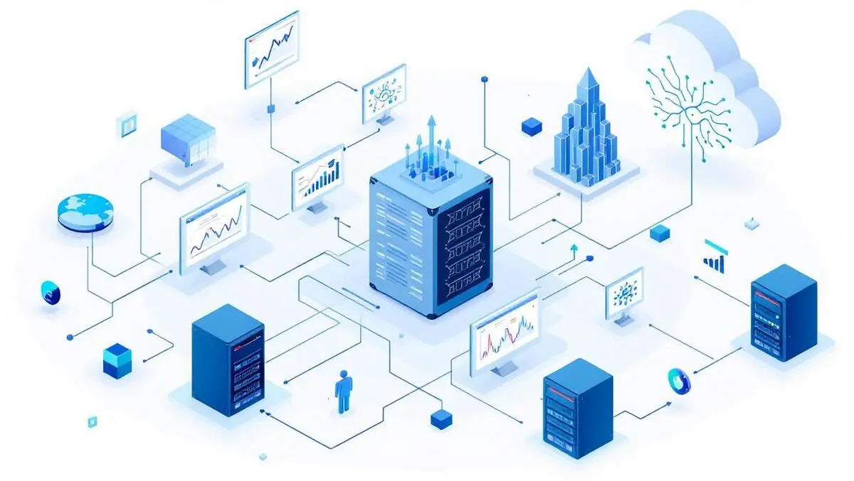Interconnected servers monitors data flows ai neural patterns modern it automation