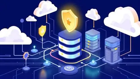 Modern data center cloud security shield interconnected servers tech