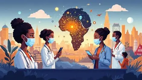 African professionals collaborating with ai technology icons innovation