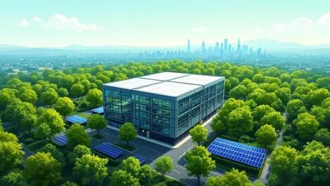 Realistic modern data centre building green trees solar panels cityscape