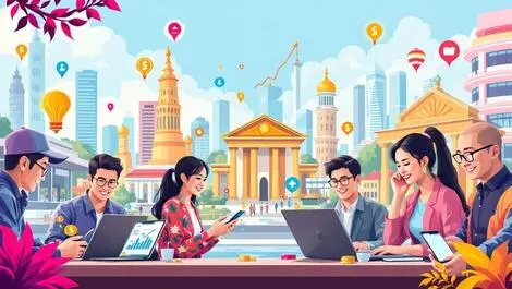 Southeast asian people using smartphones laptops financial transactions digital growth icons cityscape banks markets