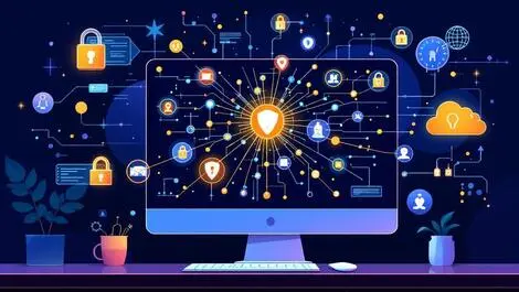 Computer screen network glowing threat nodes ai algorithms digital locks cybersecurity office