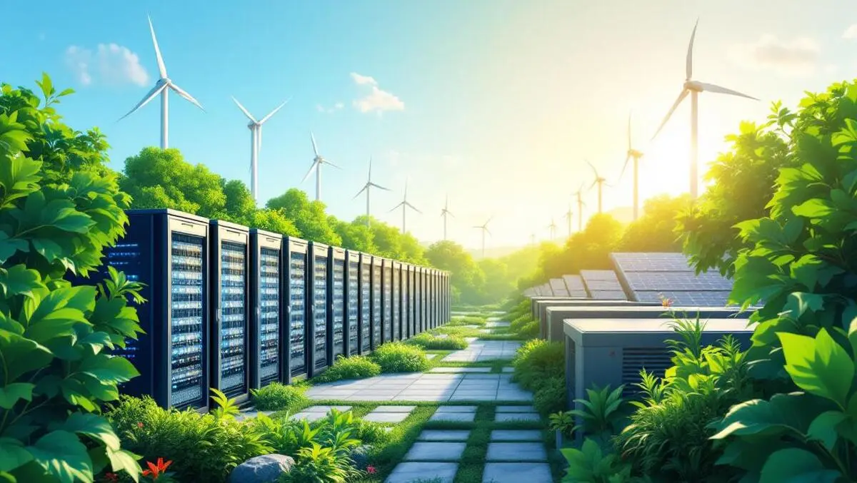 Modern data center server racks green foliage wind turbines sunlight emissions