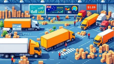 Realistic logistics warehouse delivery trucks workers digital screens anz