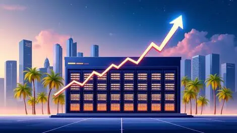 Modern data centre building glowing server racks palm trees kl jakarta growth arrow