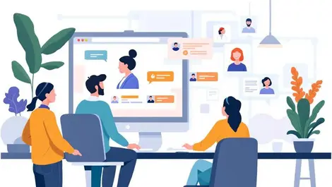 Australian office workers computer chatbot icon happy customers modern office