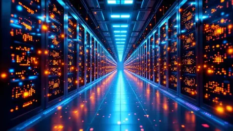 Interconnected server racks modern data center glowing data streams ai integration neural networks