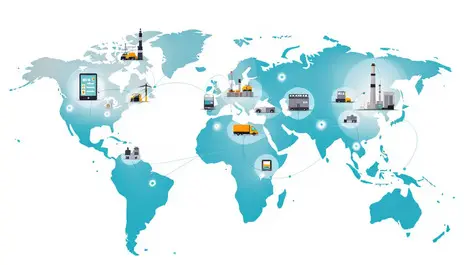 Illustration interconnected smart devices sensors vehicles industrial machines global iot connectivity